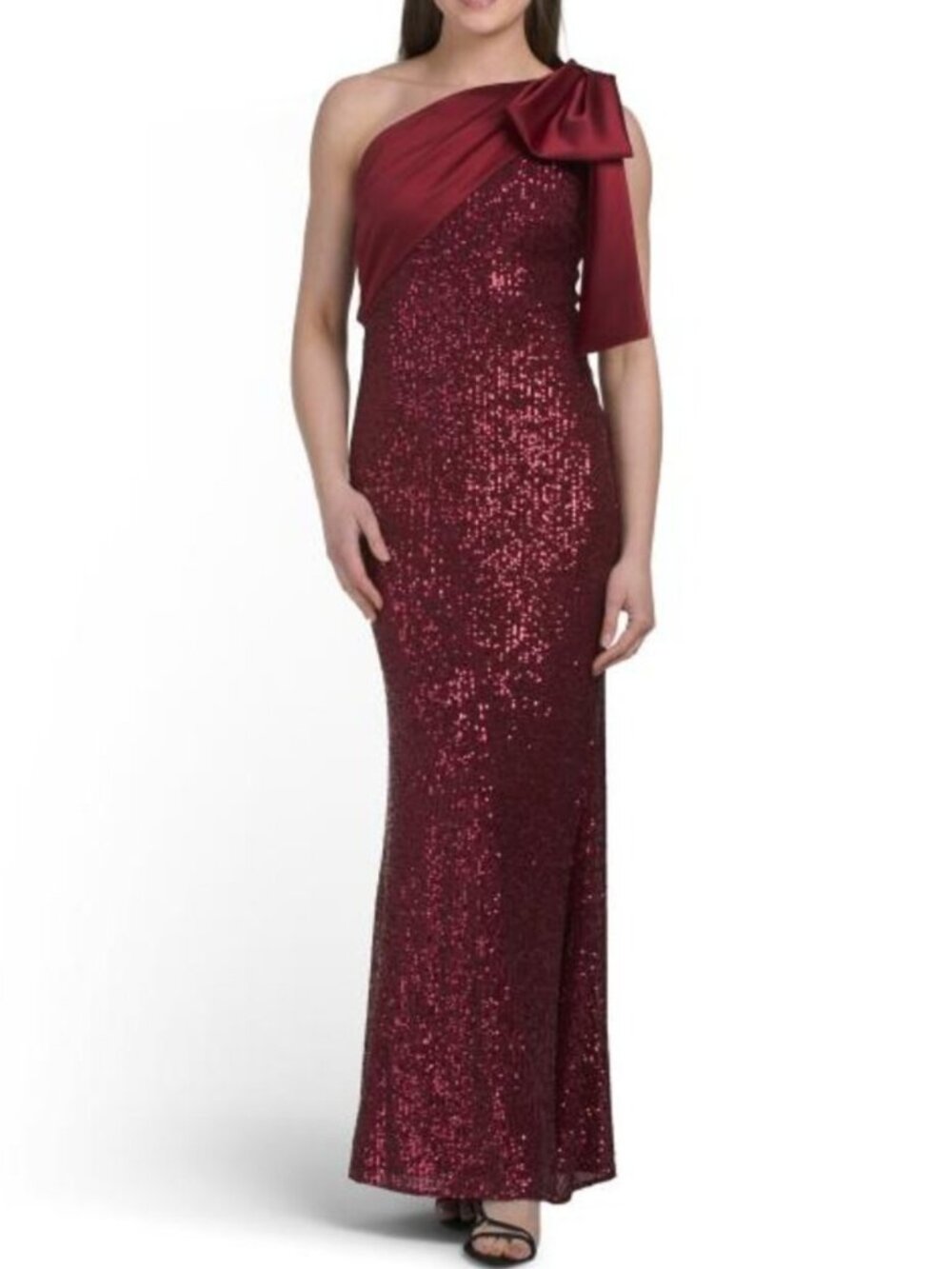 BETSY & ADAM Made In Usa One Shoulder Satin Sequin Gown